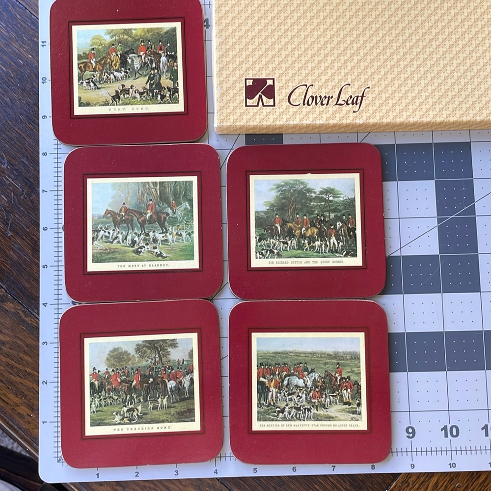 Clover Leaf Table Mats/coasters, 5 of 6 coasters in original box, fox hunt motif